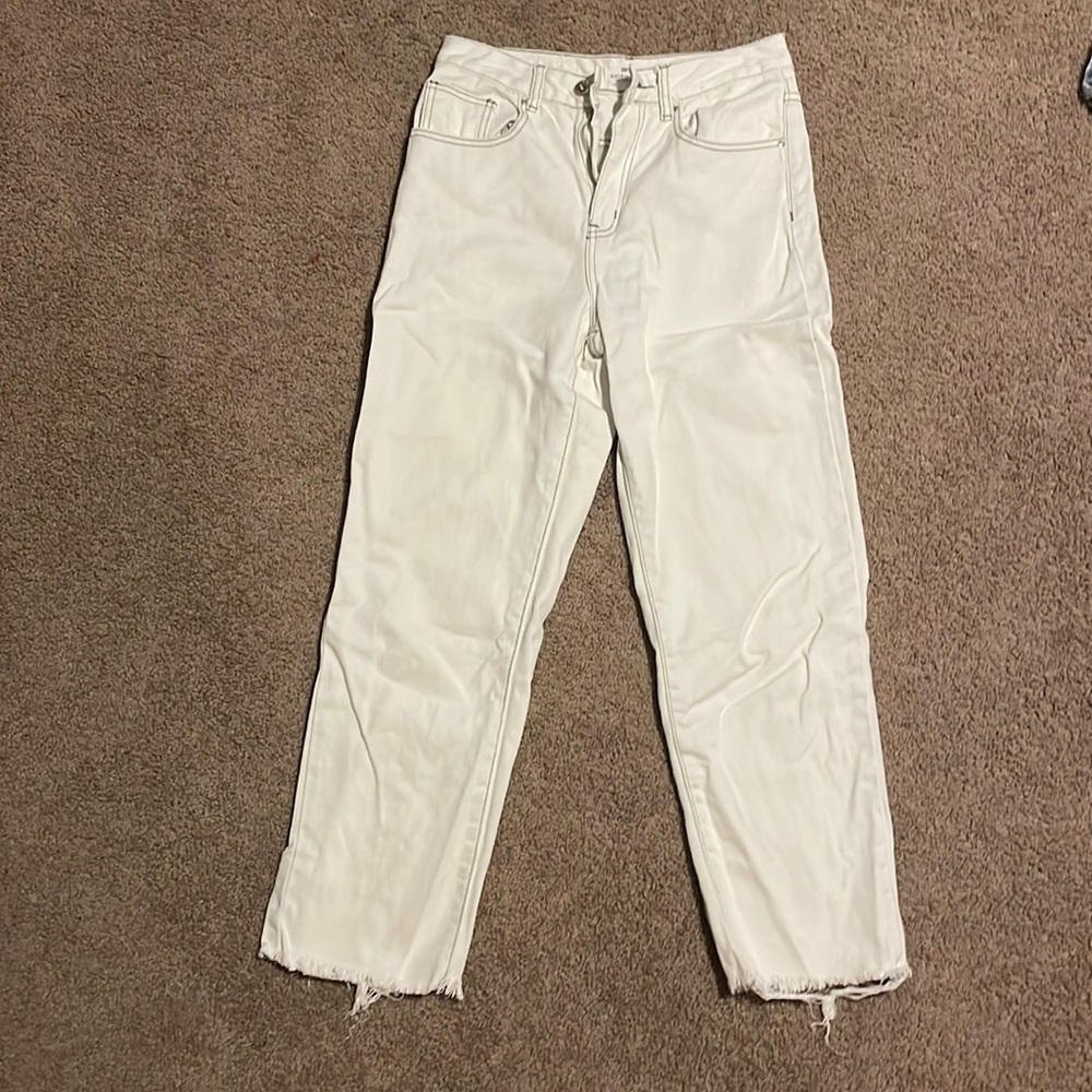 Cream straight leg jeans with grey stitching
